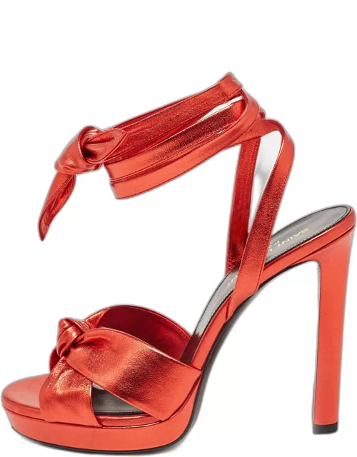 Yves Saint Laurent Red Leather Knotted Ankle Wrap Sandal
