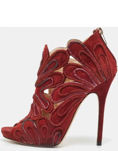 Jimmy Choo Burgundy Suede Floral Cut Out Peep Toe Ankle Bootie