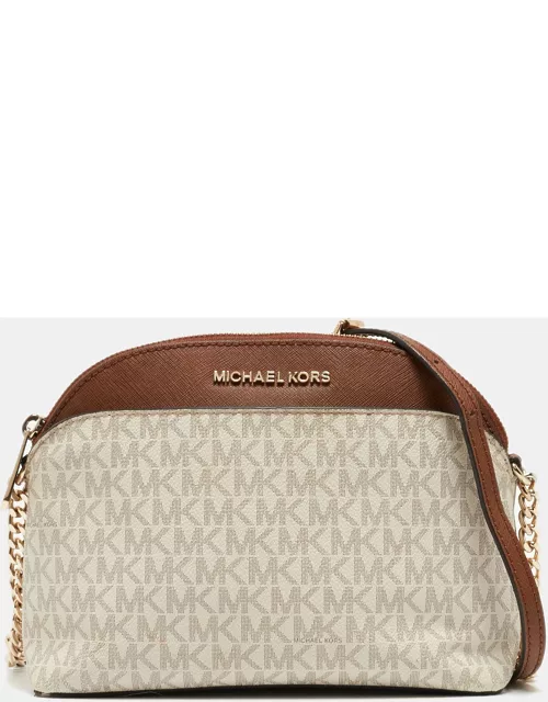 Michael Kors White/Brown Signature Canvas and Leather Jet Set Dome Crossbody Bag