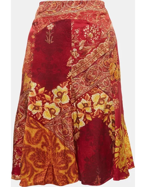 Roberto Cavalli Red Print Silk Paneled Knee Length Skirt