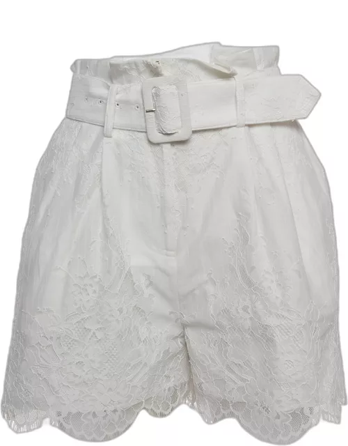 Self-Portrait White Embroidered Cotton Belted Shorts