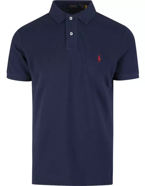 Ralph Lauren Man Slim-fit Custom Polo Shirt In Night Blue Pique With Contrast Pony