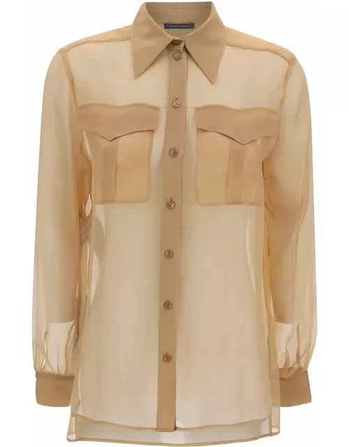Alberta Ferretti Beige Shirt With Pointed Collar And Patch Pockets In Silk Chiffon Woman