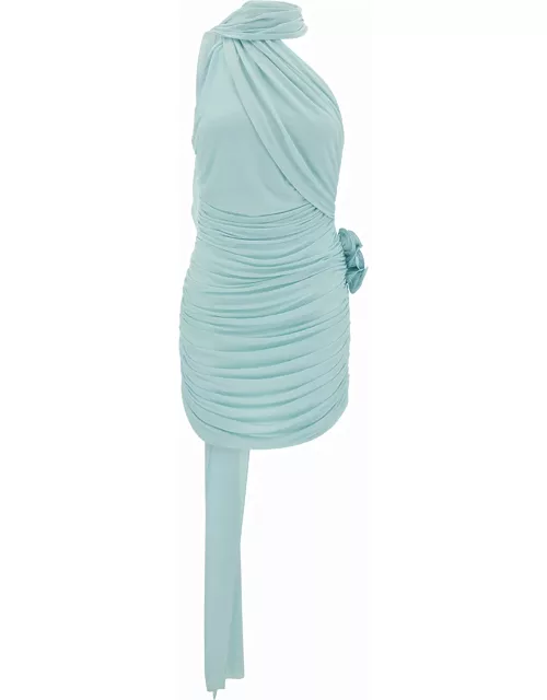 Magda Butrym Light Blue Draped Mini Dress With Roses Applications In Stretch Cupro Wpman