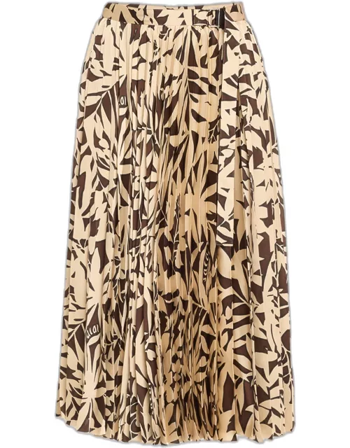 Leaf-Print Pleated Midi Skirt