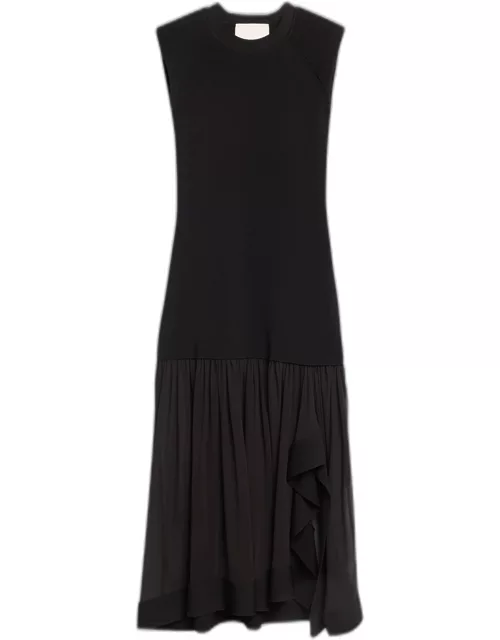 Compact-Ribbed Sleeveless Midi Dress with Chiffon Skirt
