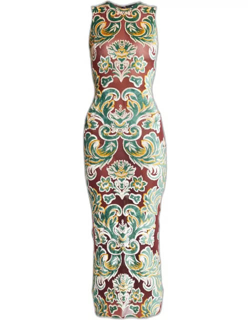 Sleeveless Damask-Print Fitted Midi Dres