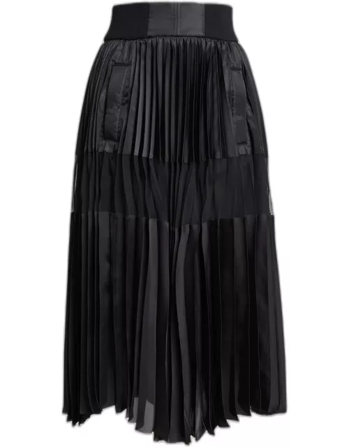 Sheer Panel Pleated Midi Skirt