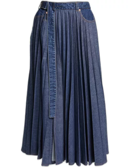 Belted Denim Pleated Midi Skirt