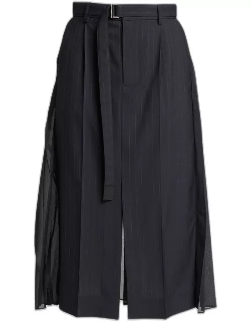 Pleated Sheer Chalk Stripe Belted Midi Skirt