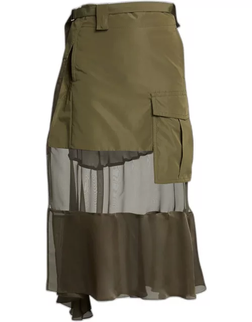 Sheer Belted Mixed-Fabric Midi Skirt