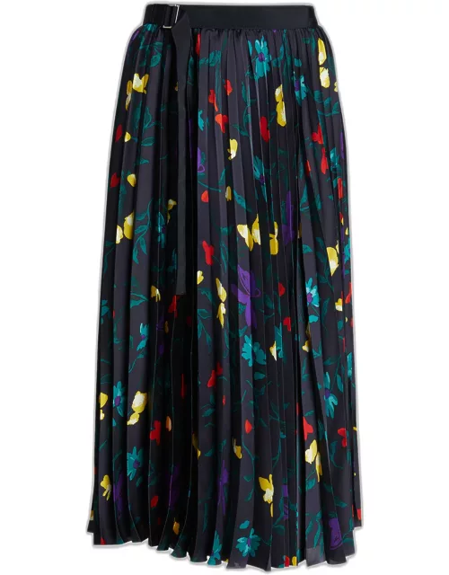 Pleated Floral-Print Belted Midi Skirt