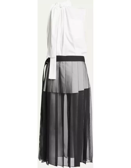 Tie-Neck Blouse Midi Dress with Sheer Skirt Overlay
