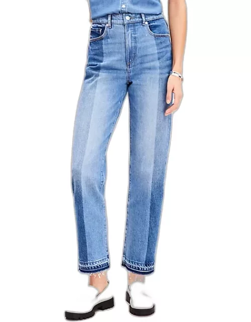 Loft Petite Striped Let Down Hem High Rise Straight Jeans in Original Mid Indigo Wash
