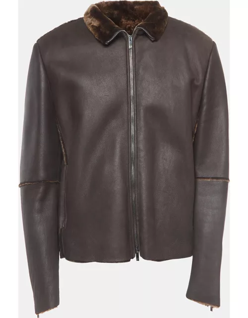 Giorgio Armani Brown Leather and Fur Zipper Jacket