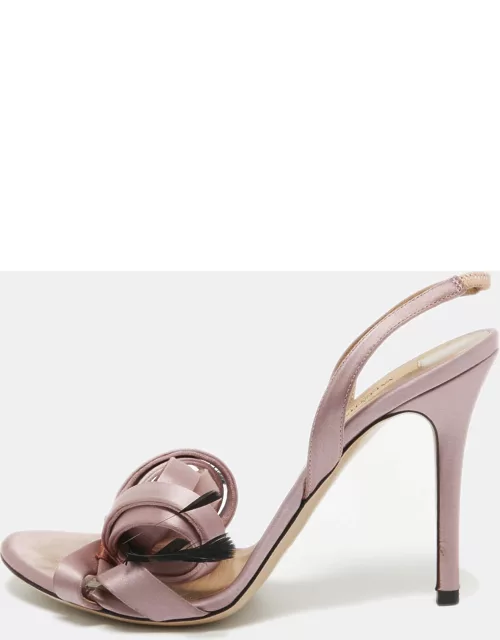Valentino Pink Satin Feather Embellished Ankle Strap Sandal
