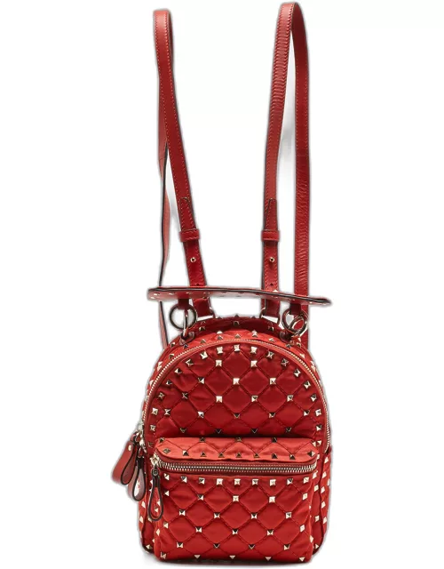 Valentino Red Quilted Nylon and Leather Mini Rockstud Spike Backpack