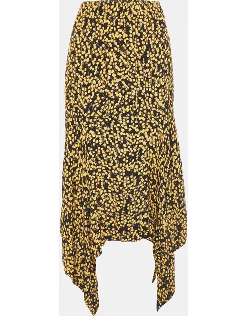 Ganni Black/Yellow Floral Printed Crepe Asymmetrical Skirt