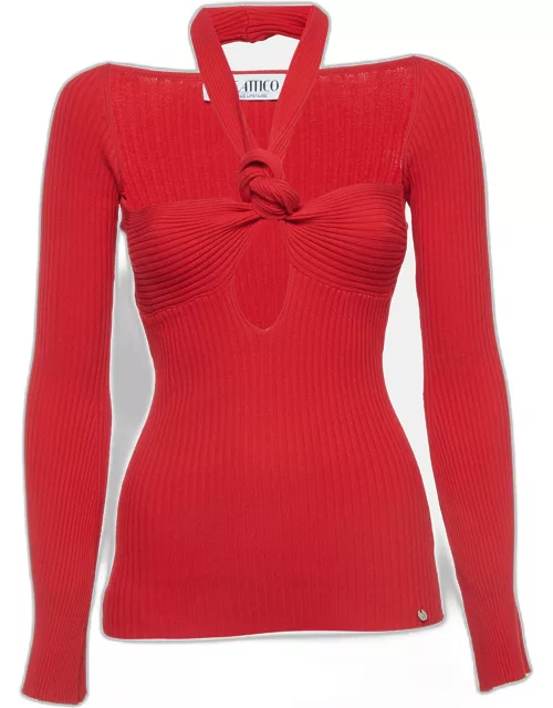 The Attico Red Ribbed Kit Cutout Knotted Top