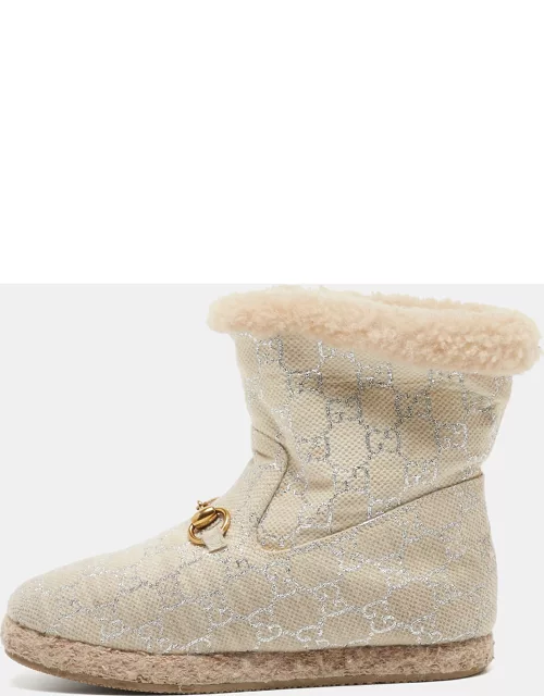 Gucci Beige Canvas and Fur Fria Horsebit Ankle Boot