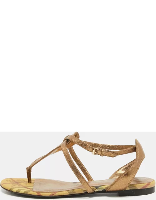 Burberry Metallic Gold Leather Thong Ankle Strap Flat Sandal
