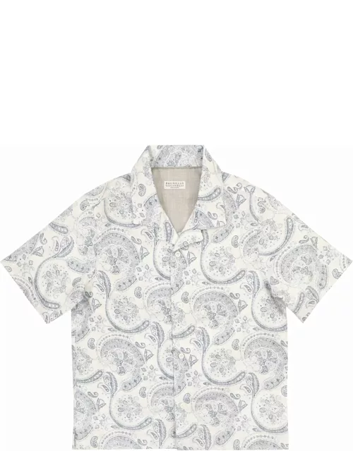 Brunello Cucinelli Paisley Print Linen Short-sleeved Shirt With Camp Collar