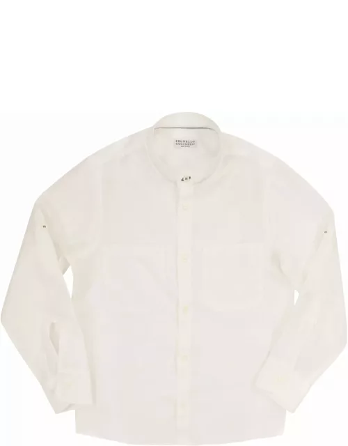 Brunello Cucinelli Linen Shirt With Mandarin Collar And Pocket