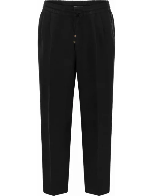 Brunello Cucinelli Leisure Fit Trousers In Garment-dyed Linen Gabardine With Drawstring And Double Dart