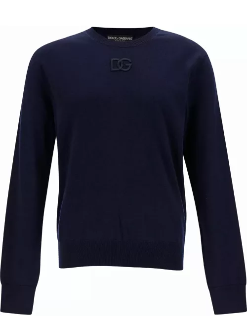Dolce & Gabbana Blue Crewneck Sweater With Tonal Logo Embroidery In Wool Man