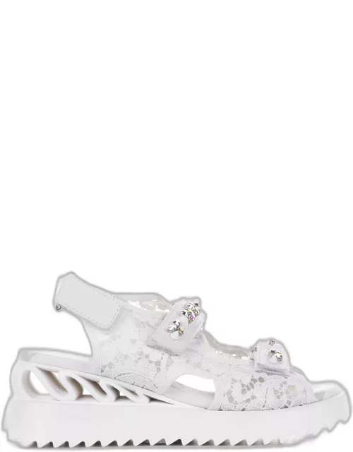 Le Silla Sandal In White Lace And Rhinestone