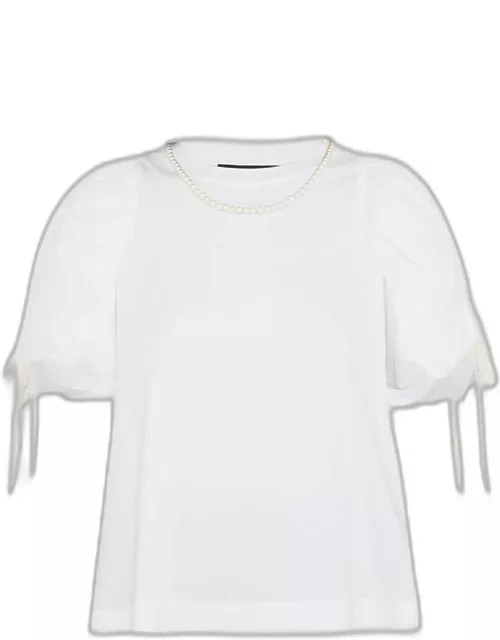 Beaded Tulle Puff-Sleeve Cotton T-Shirt