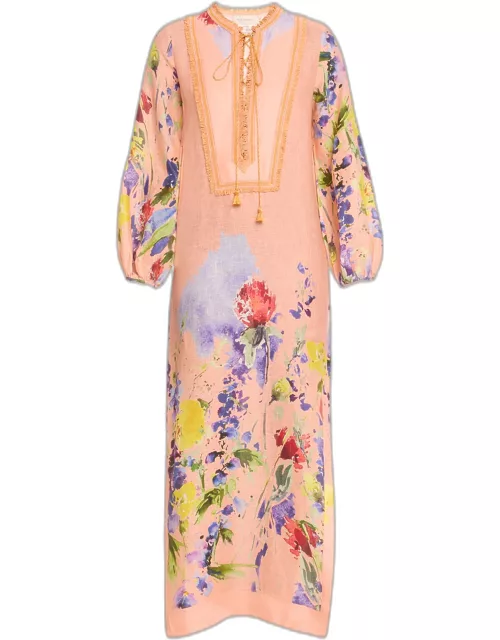 Isernia Floral Fringe-Trim Lace-Up Linen Tunic