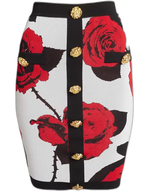 Rose Print Knit Pencil Skirt with Button Detai