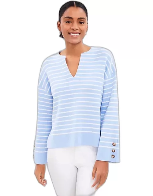 Loft Petite Striped Button Sleeve Split Neck Sweater