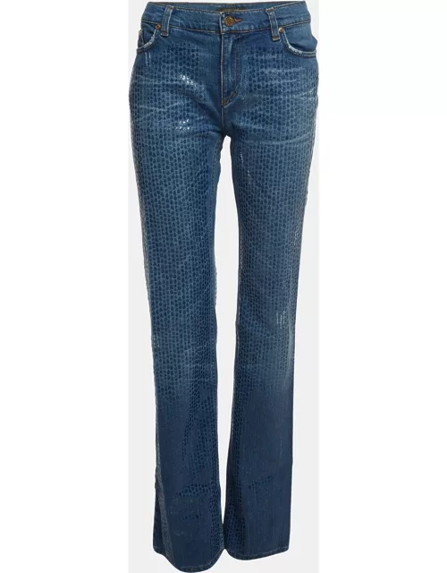 Roberto Cavalli Blue Textured Denim Wide Leg Jeans L Waist 31"