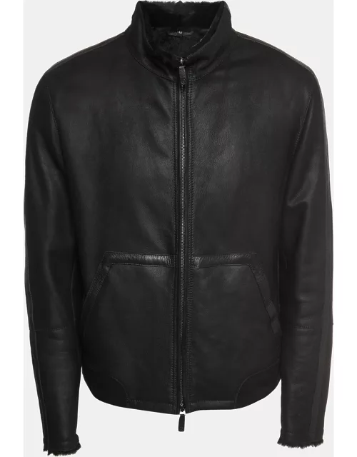 Giorgio Armani Black Leather and Fur Zipper Jacket