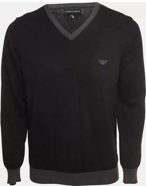Emporio Armani Black Cotton Knit V-Neck Sweater