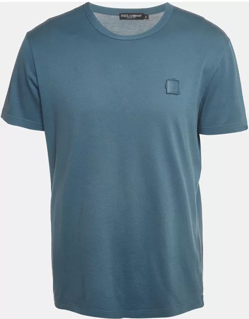 Dolce & Gabbana Blue Cotton Logo Applique Half Sleeve T-Shirt