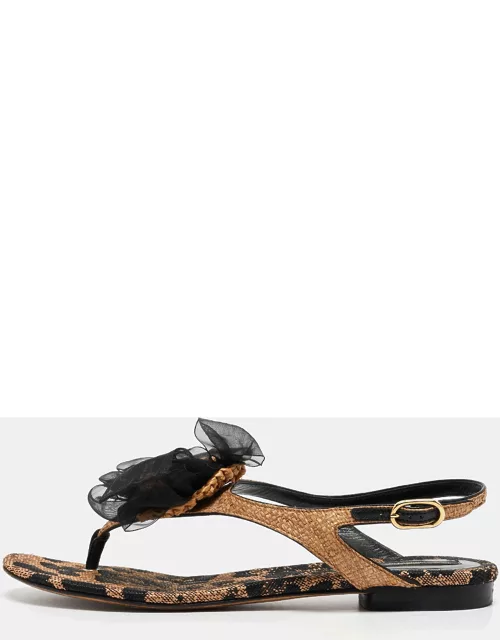 Dolce & Gabbana Beige/Black Raffia Floral Applique Thong Flat Sandal