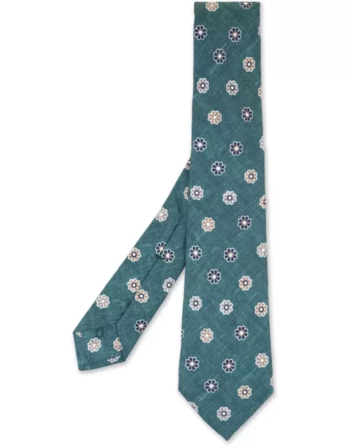 Kiton Green Tie With Flower Pattern