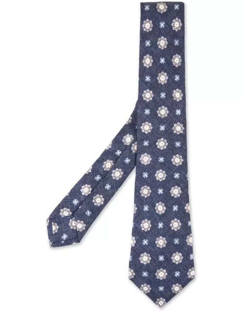 Kiton Navy Blue Tie With Flower Pattern