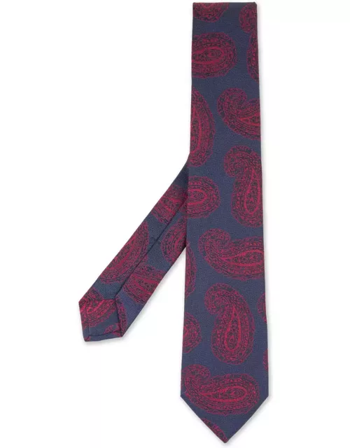 Kiton Dark Blue Tie With Red Cashmere Pattern