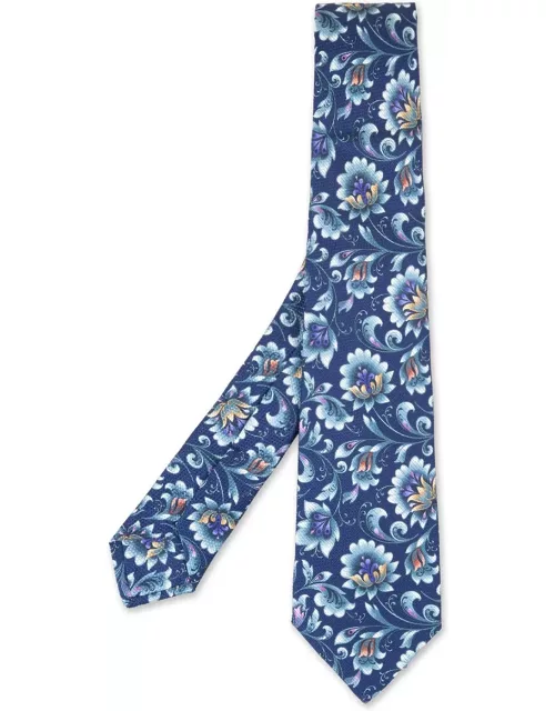 Kiton Blue Tie With Floral Print