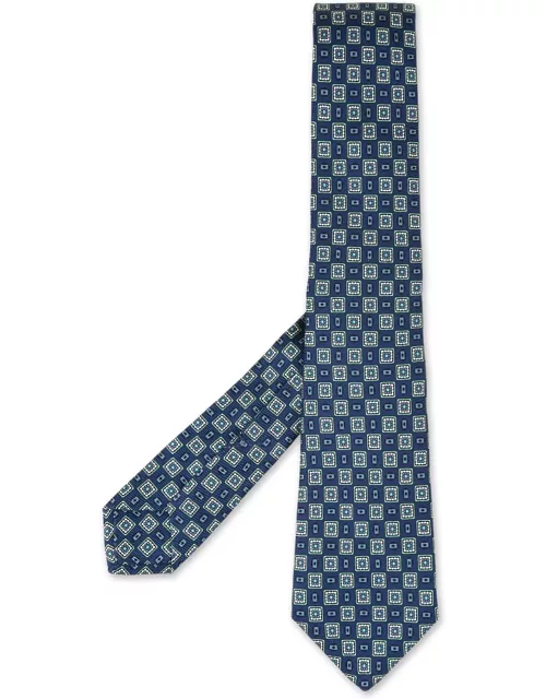 Kiton Blue And Green Tie With Geometric Micro Pattern