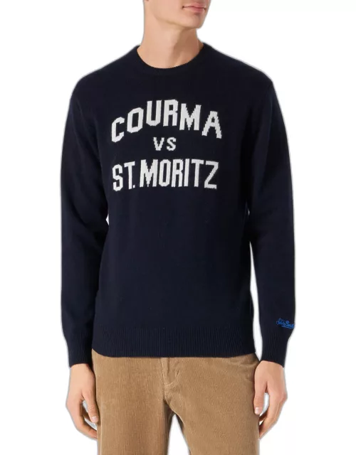 MC2 Saint Barth Man Navy Blue Sweater With Courma Vs St. Moritz Print