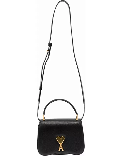 Ami Alexandre Mattiussi Mini Black Crossbody Bag With Logo Plaque In Hammered Leather Woman