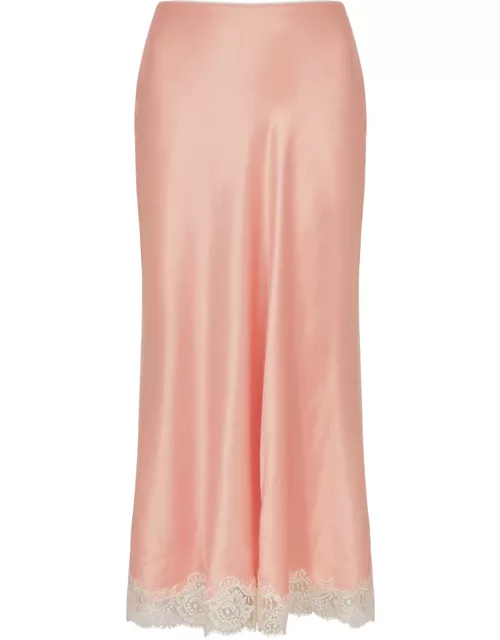 Rixo Ardith Lace-trimmed Satin Midi Skirt - Peach - L (UK 14 / L)