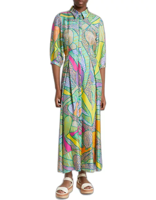 Andy Abstract-Print 3/4-Sleeve Belted Silk Maxi Shirtdres