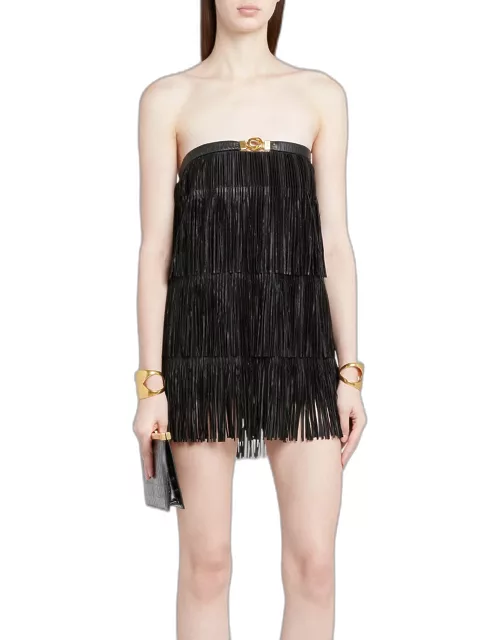 Tiered Pleated Leather Fringe Strapless Mini Cocktail Dres