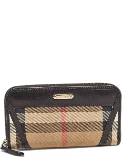 Burberry Black/Beige House Check Canvas and Leather Ziggy Zip Around Wallet